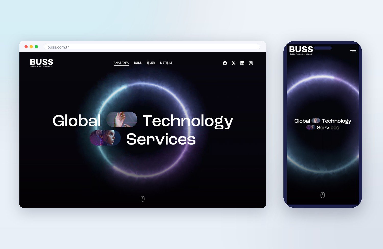 BUSS (Teknoloji Hizmetleri) için ogimedya tarafından yapılan web sitesi — masaüstü ve mobil görünüm