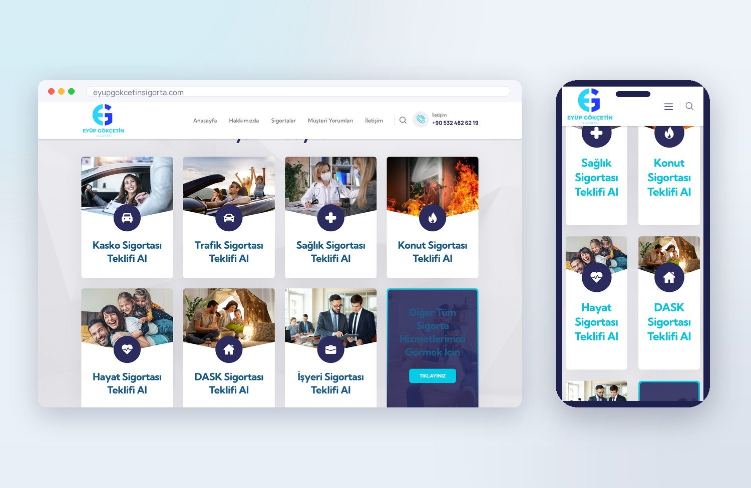 Eyüp Gökçetin Sigorta (Sigorta Acentesi) için ogimedya tarafından yapılan web sitesi — masaüstü ve mobil görünüm