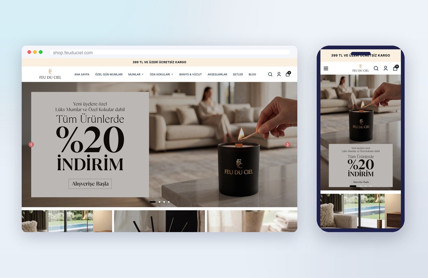Feu du Ciel (E-Ticaret) için ogimedya tarafından yapılan web sitesi — masaüstü ve mobil görünüm