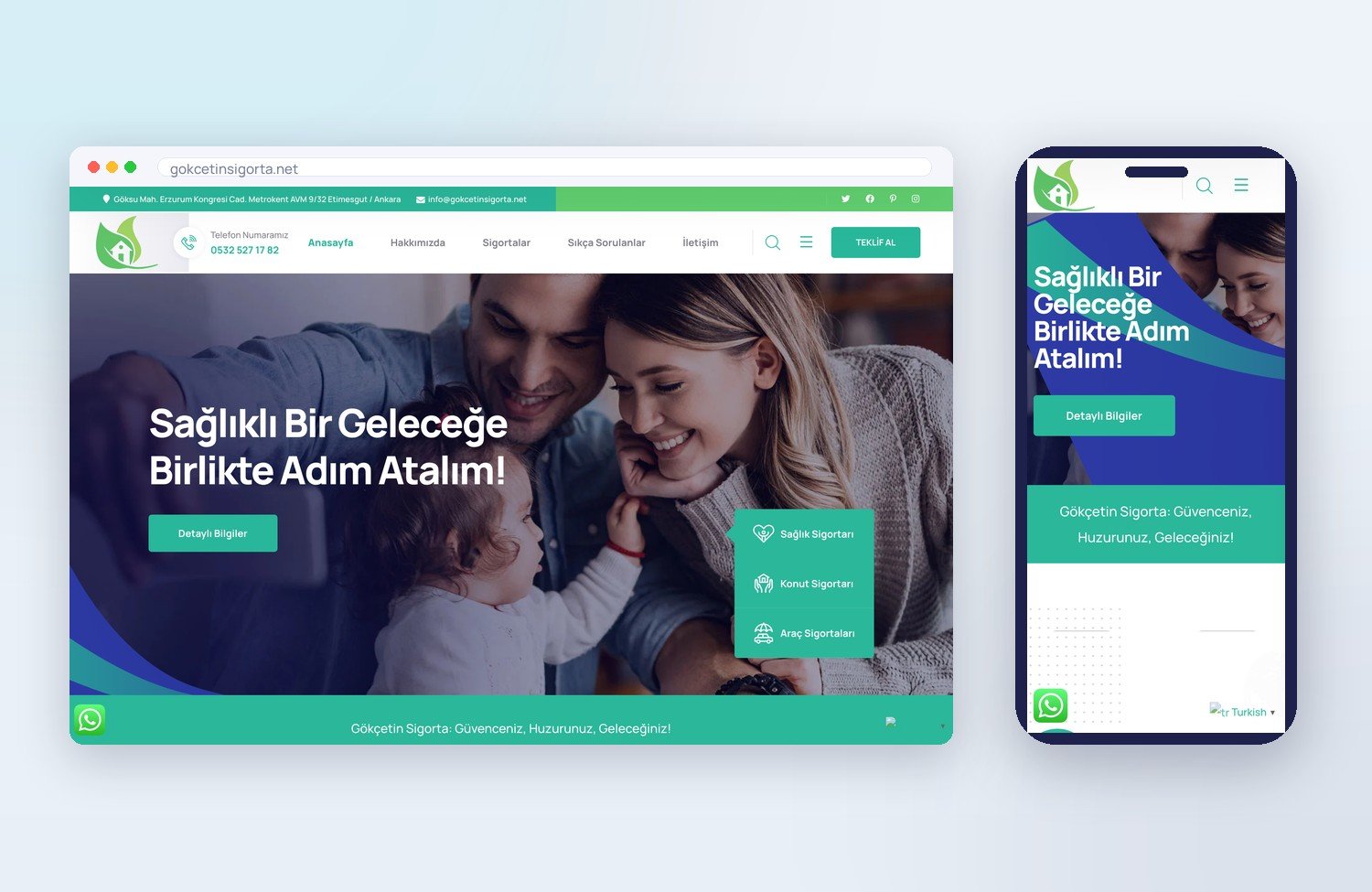 Gökçetin Sigorta (Sigorta Acentesi) için ogimedya tarafından yapılan web sitesi — masaüstü ve mobil görünüm