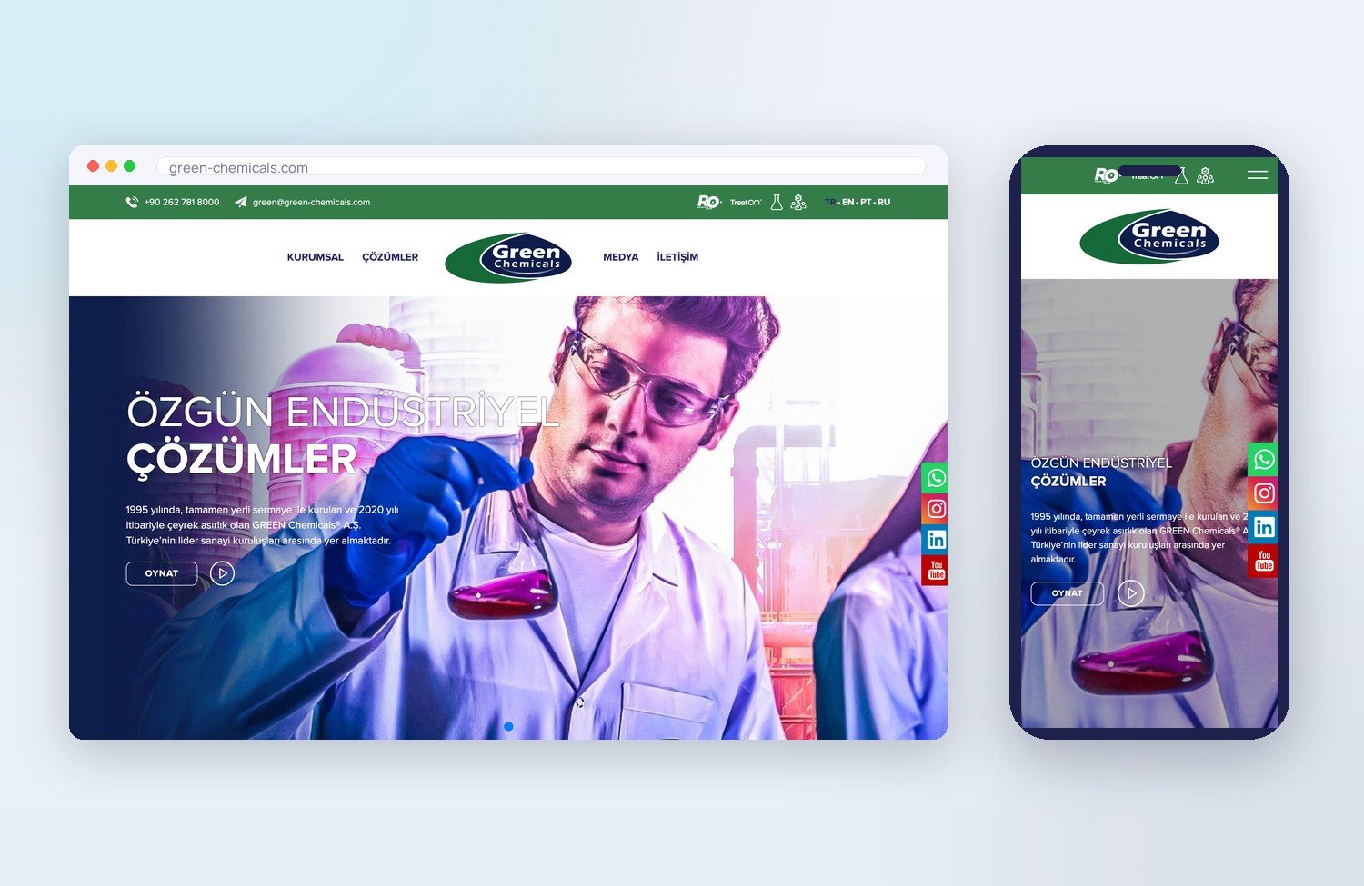 Green Chemicals (Endüstriyel Kimya) için ogimedya tarafından yapılan web sitesi — masaüstü ve mobil görünüm