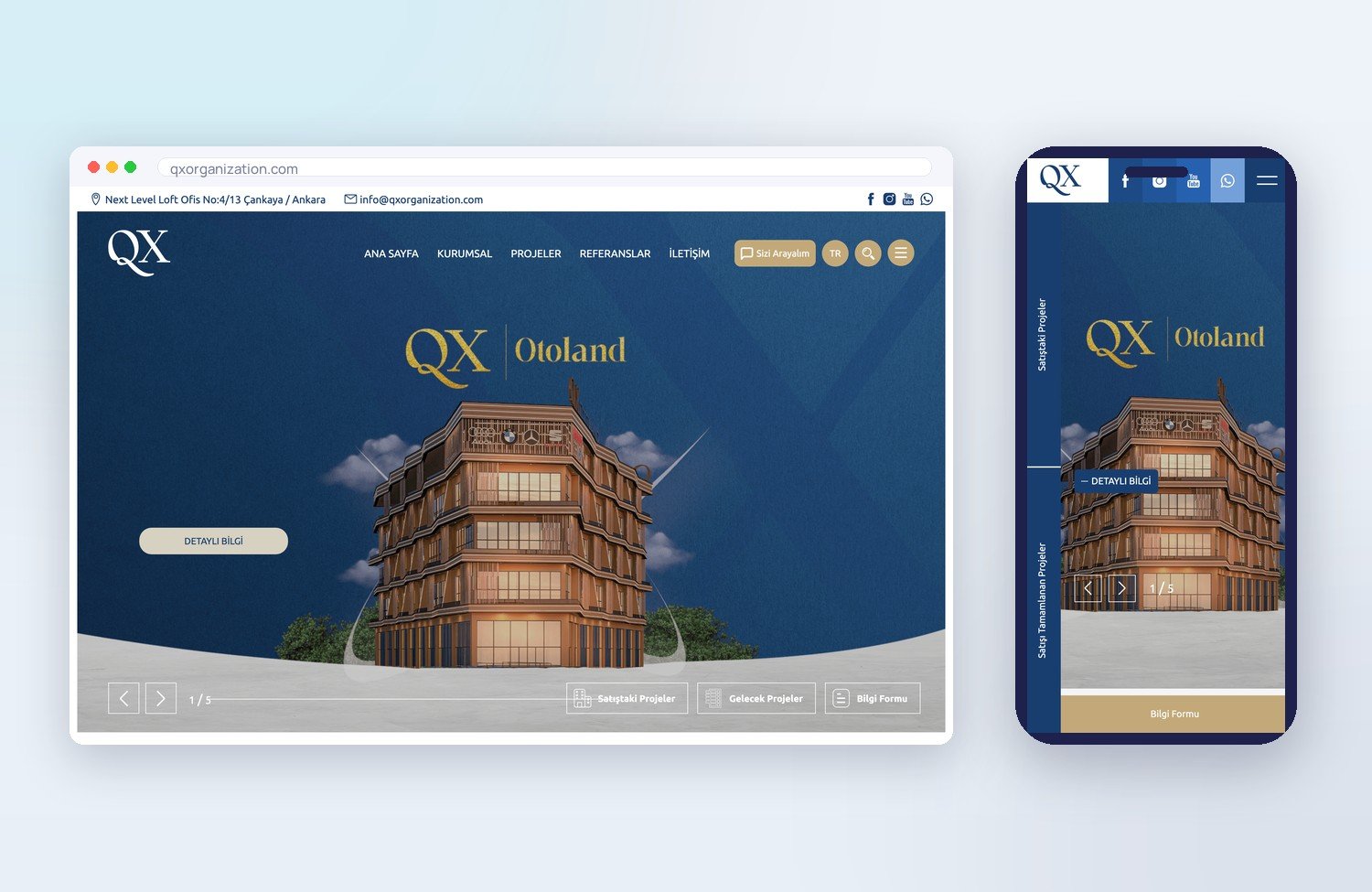 QX Organization (Gayrimenkul ve Proje Geliştirme) için ogimedya tarafından yapılan web sitesi — masaüstü ve mobil görünüm