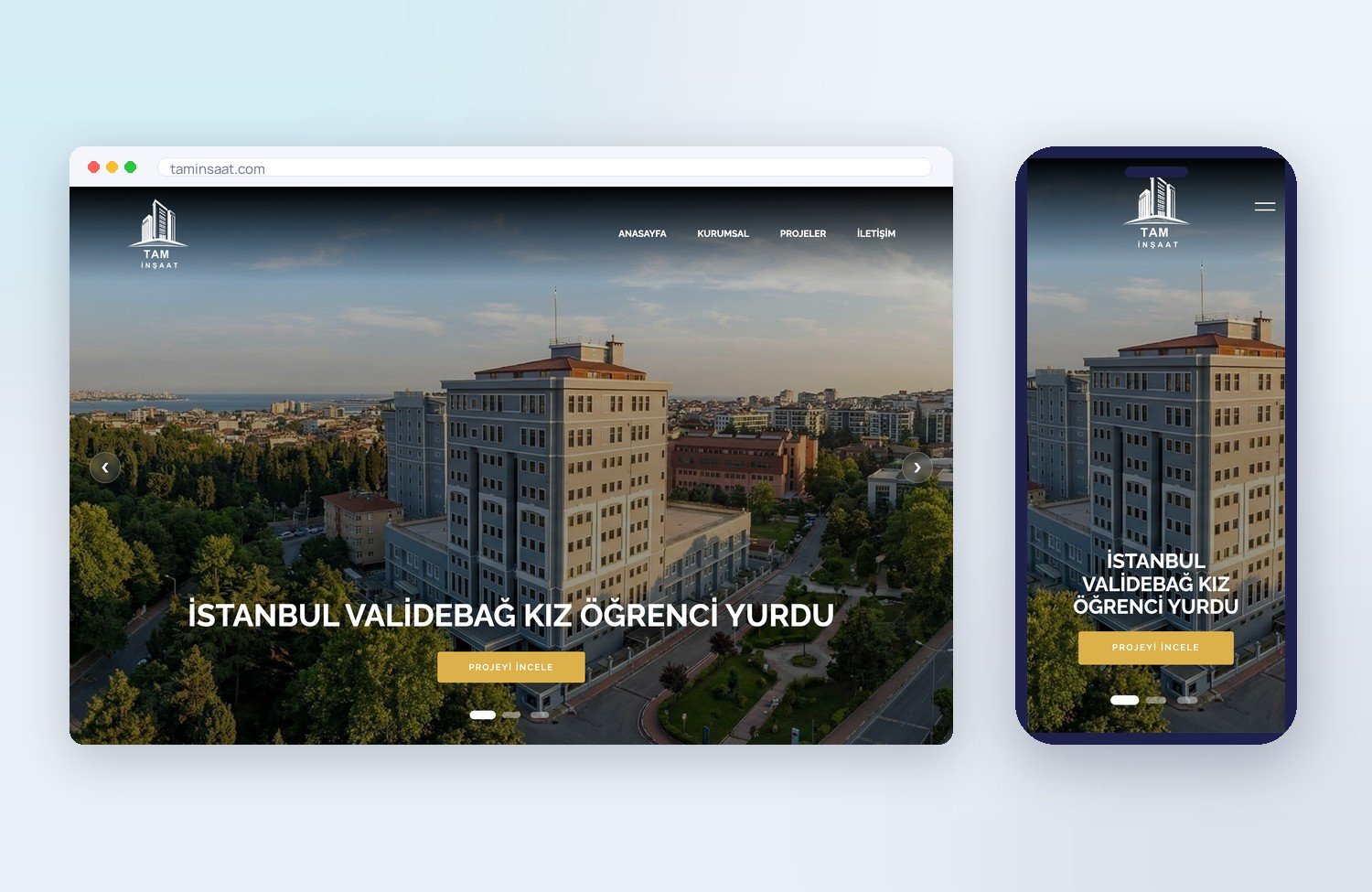 TAM İnşaat (İnşaat ve Taahhüt) için ogimedya tarafından yapılan web sitesi — masaüstü ve mobil görünüm