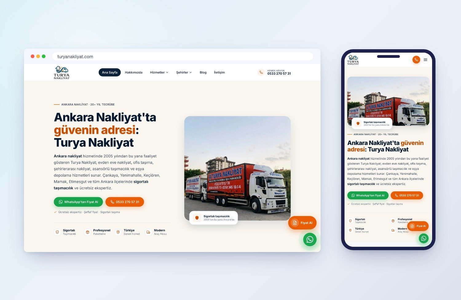 Turya Nakliyat (Nakliyat ve Taşımacılık) için ogimedya tarafından yapılan web sitesi — masaüstü ve mobil görünüm