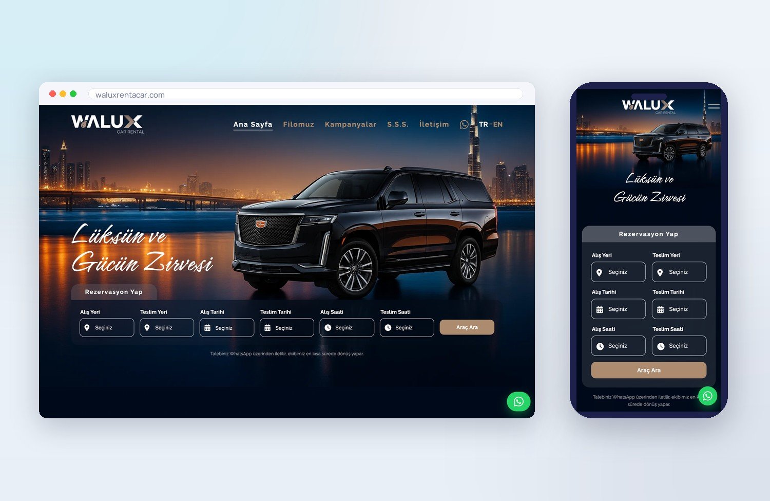 Walux Rent a Car (Araç Kiralama) için ogimedya tarafından yapılan web sitesi — masaüstü ve mobil görünüm